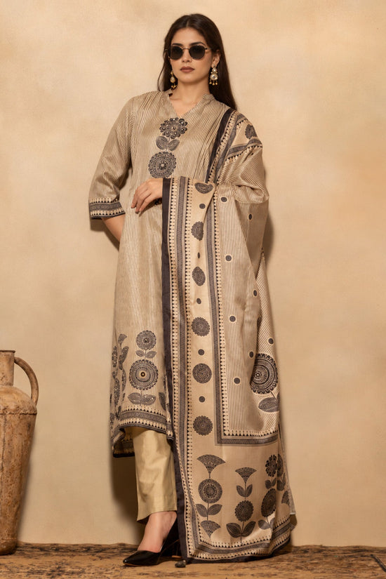 Beige Block Printed A-line 3 Pcs Kurta Set