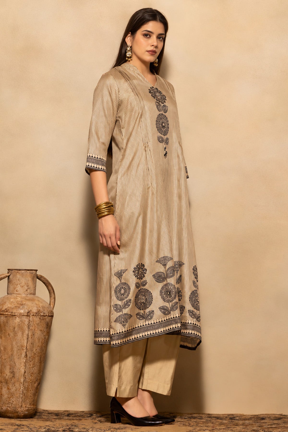 Beige Block Printed A-line 3 Pcs Kurta Set