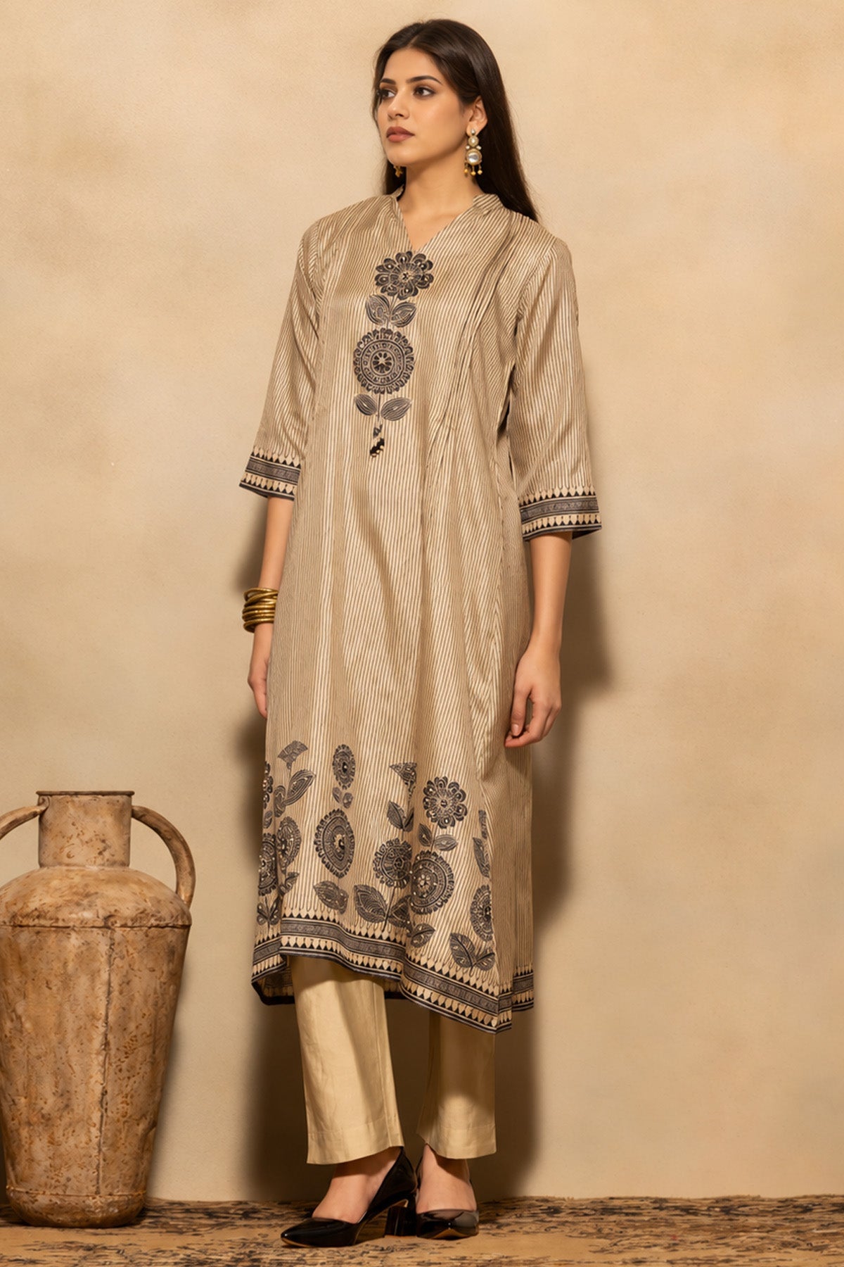 Beige Block Printed A-line 3 Pcs Kurta Set
