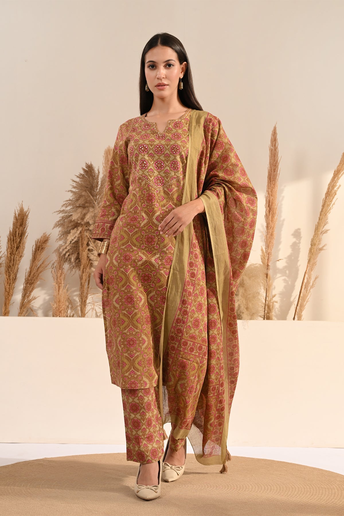 Green Sanganeri Block Printed 3 Pcs Kurta Set