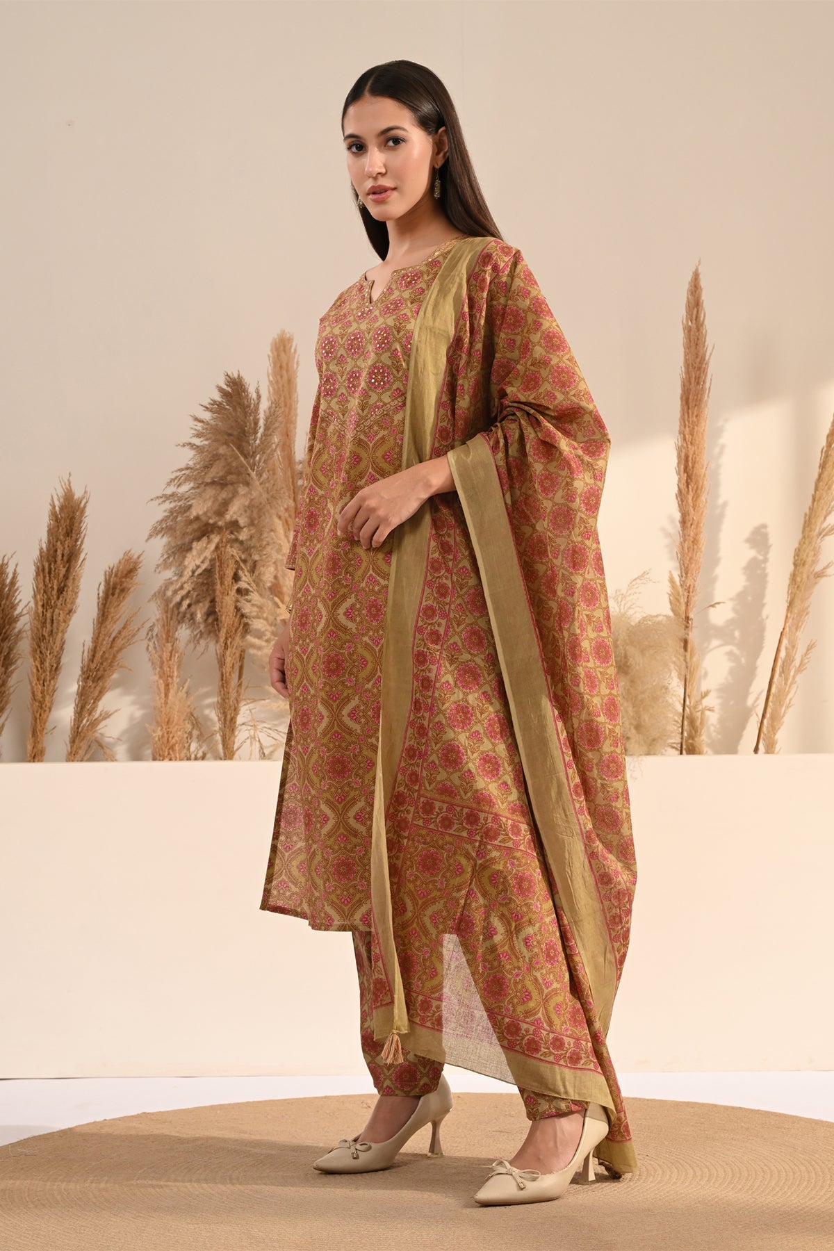 Green Sanganeri Block Printed 3 Pcs Kurta Set