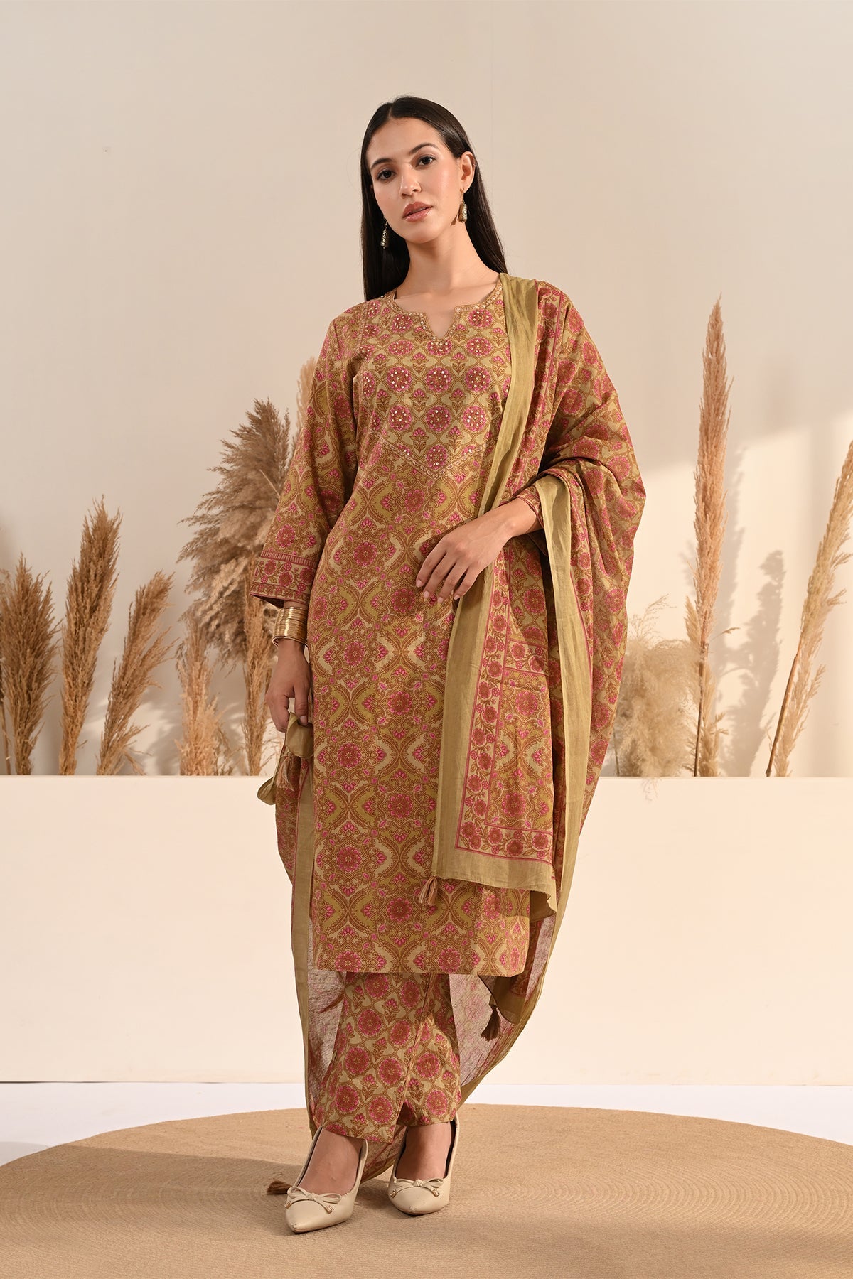 Green Sanganeri Block Printed 3 Pcs Kurta Set