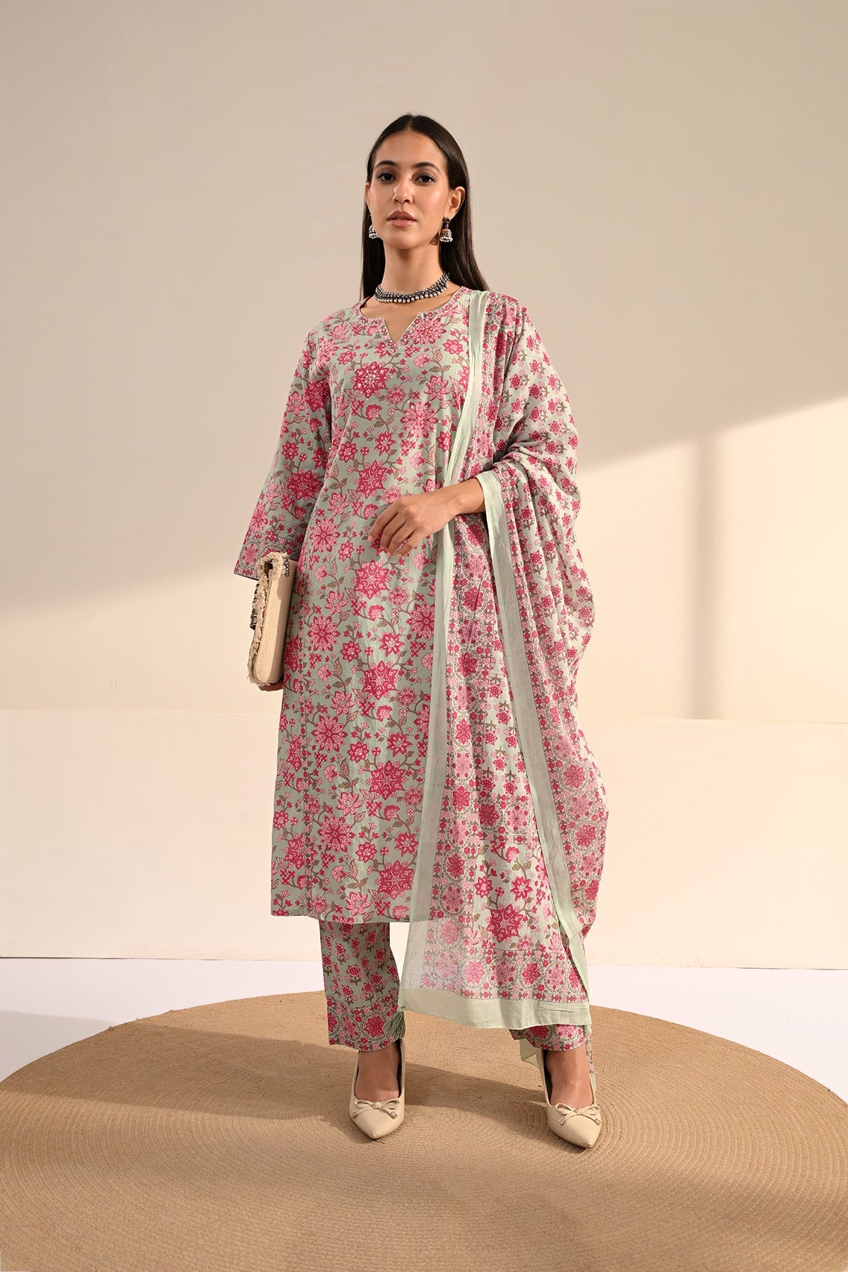 Green Floral Printed Cotton 3 Pcs Kurta Set
