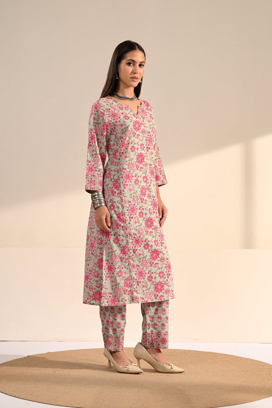 Green Floral Printed Cotton 3 Pcs Kurta Set
