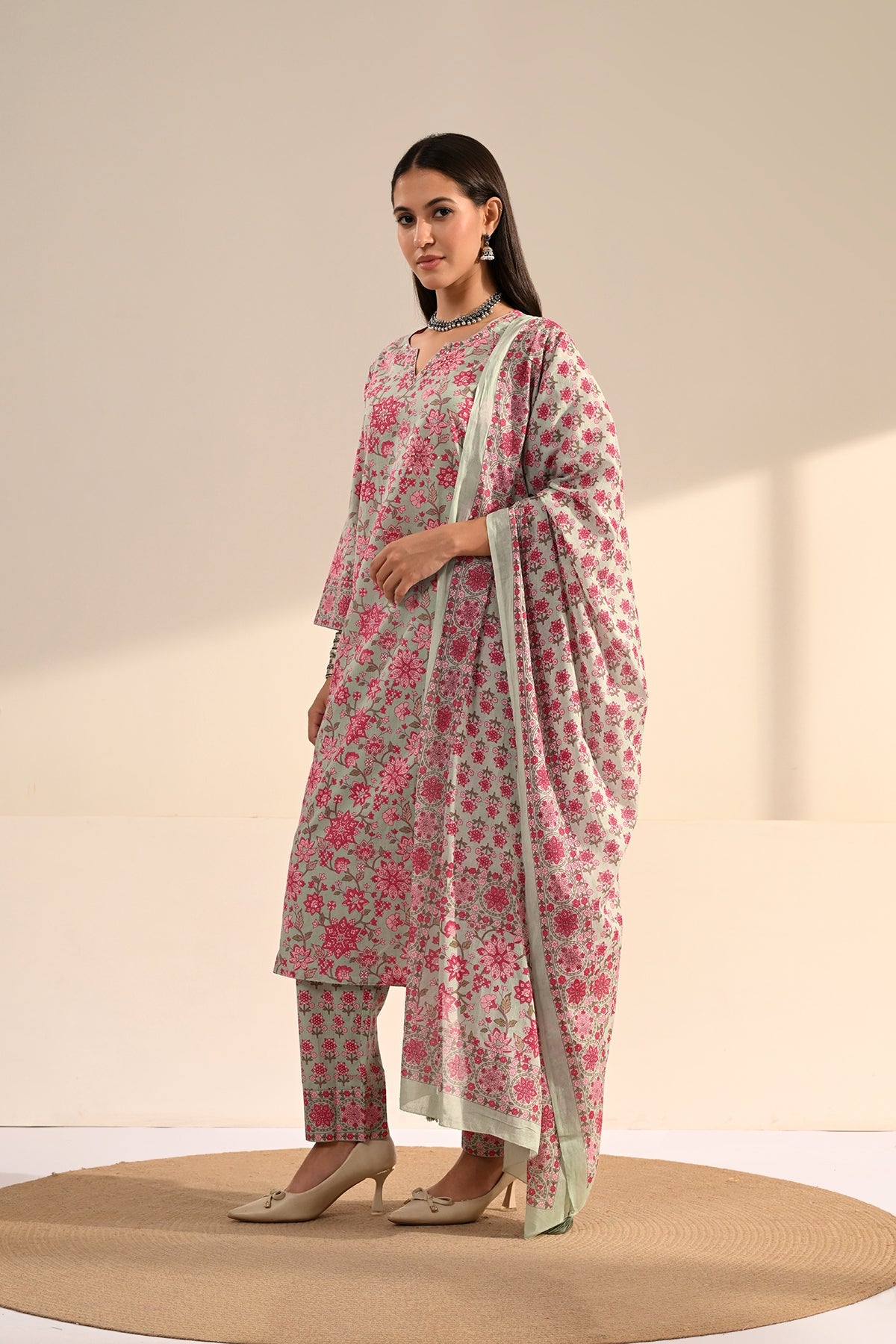 Green Floral Printed Cotton 3 Pcs Kurta Set