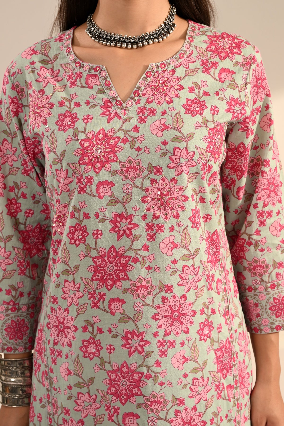 Green Floral Printed Cotton 3 Pcs Kurta Set