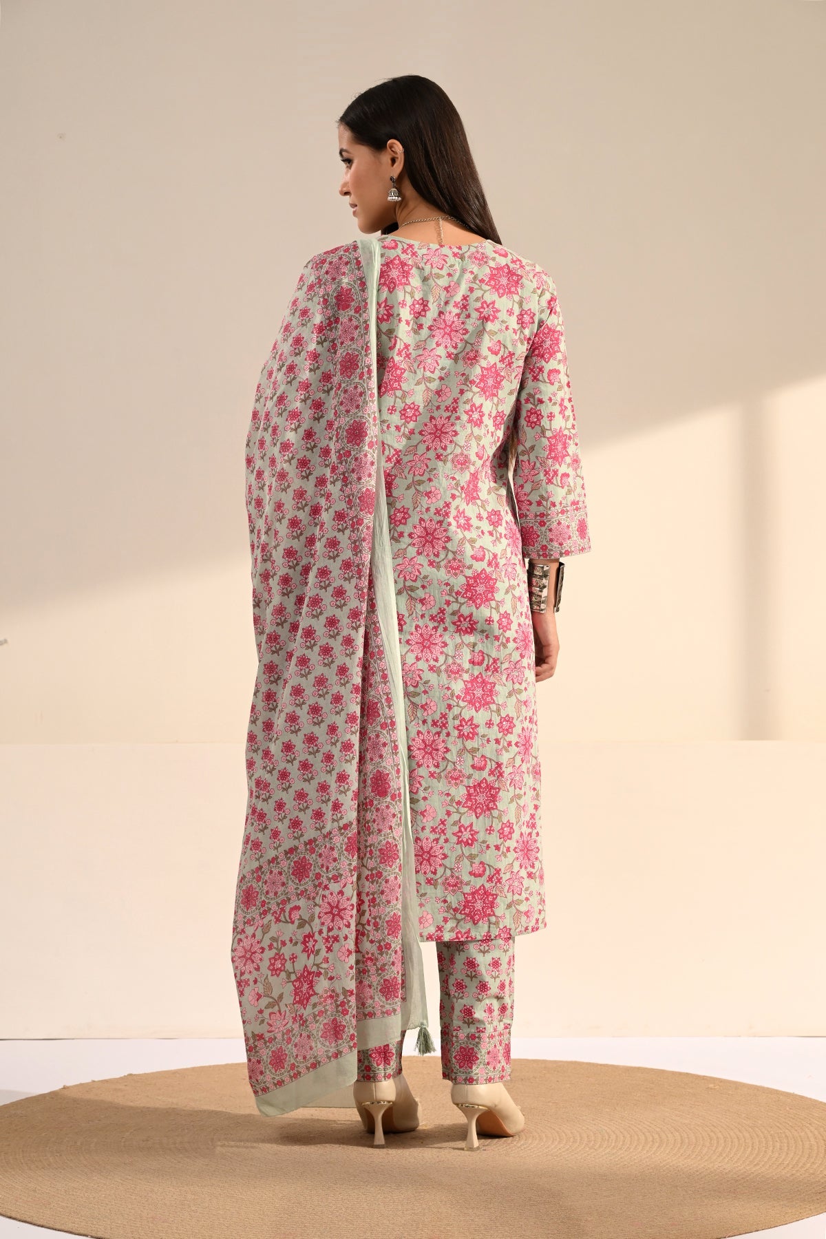 Green Floral Printed Cotton 3 Pcs Kurta Set