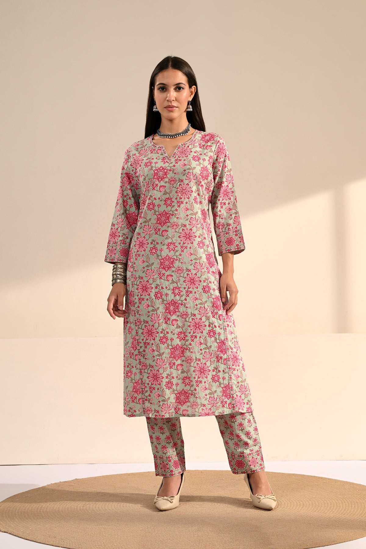 Green Floral Printed Cotton 3 Pcs Kurta Set