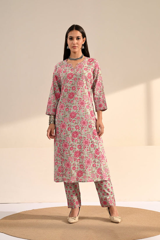 Green Floral Printed Cotton 3 Pcs Kurta Set