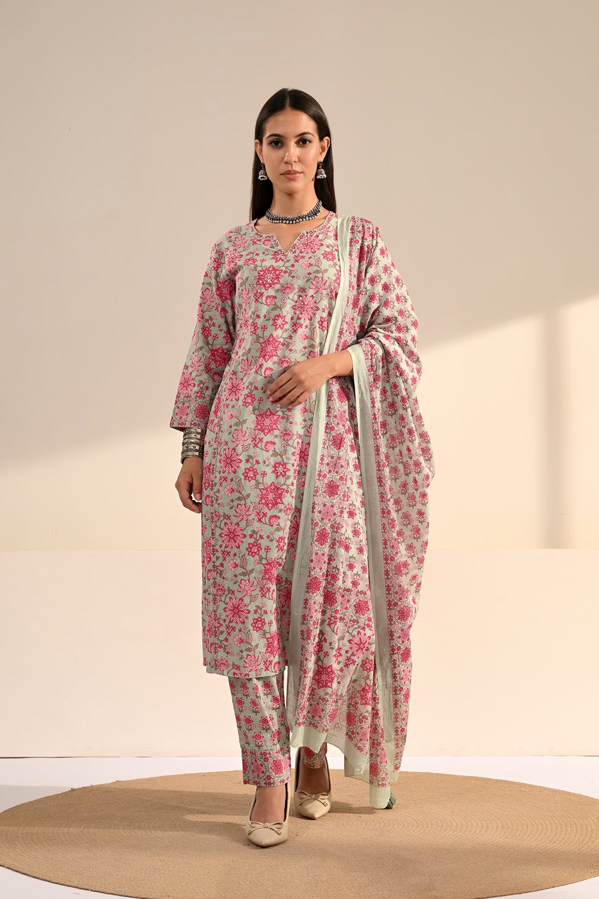 Green Floral Printed Cotton 3 Pcs Kurta Set