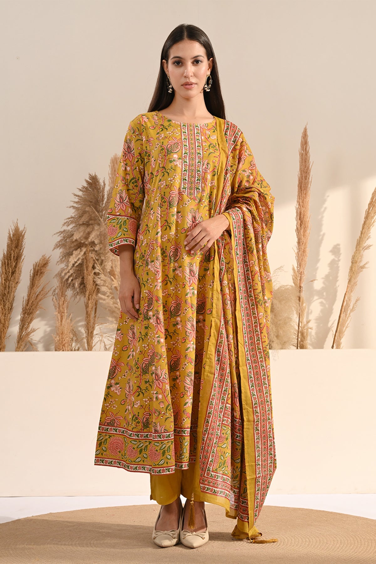 Mustard Sanganeri Floral Printed A-Line 3 Pcs Kurta Set