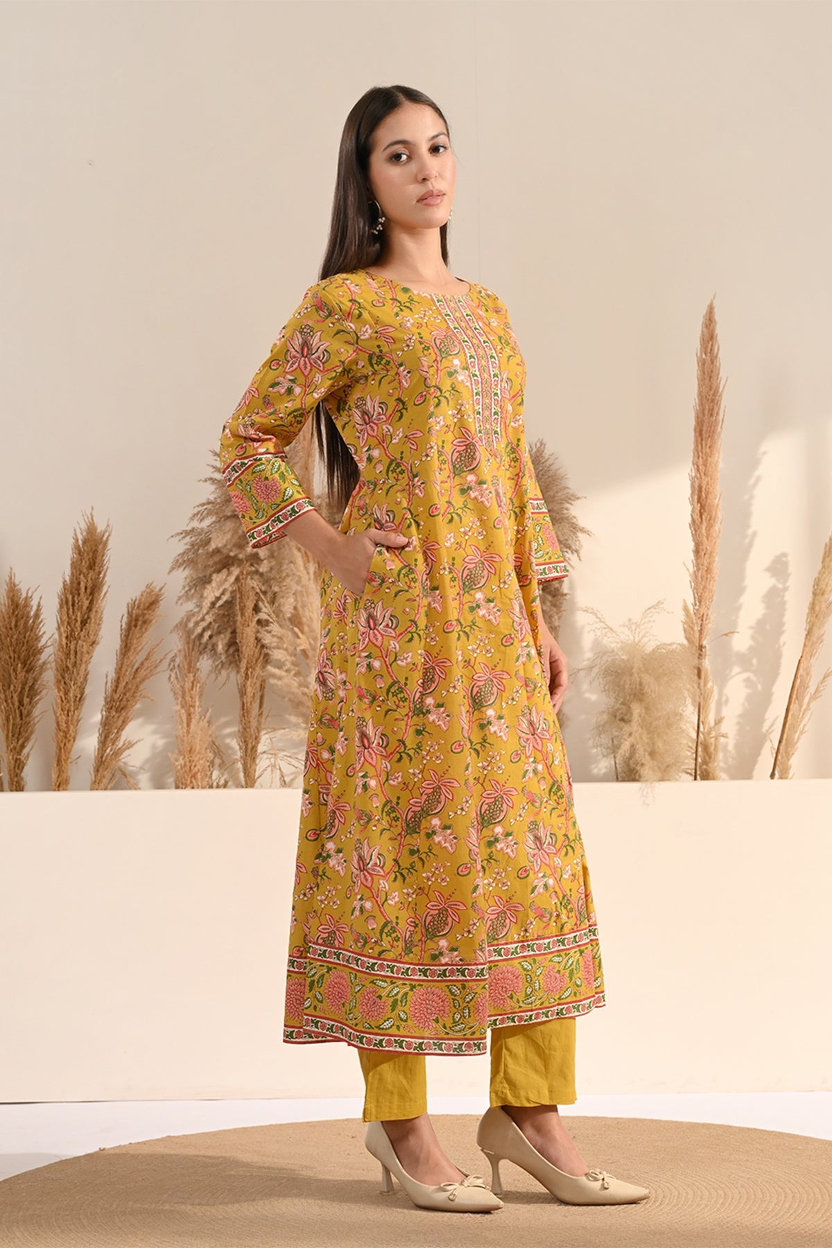Mustard Sanganeri Floral Printed A-Line 3 Pcs Kurta Set