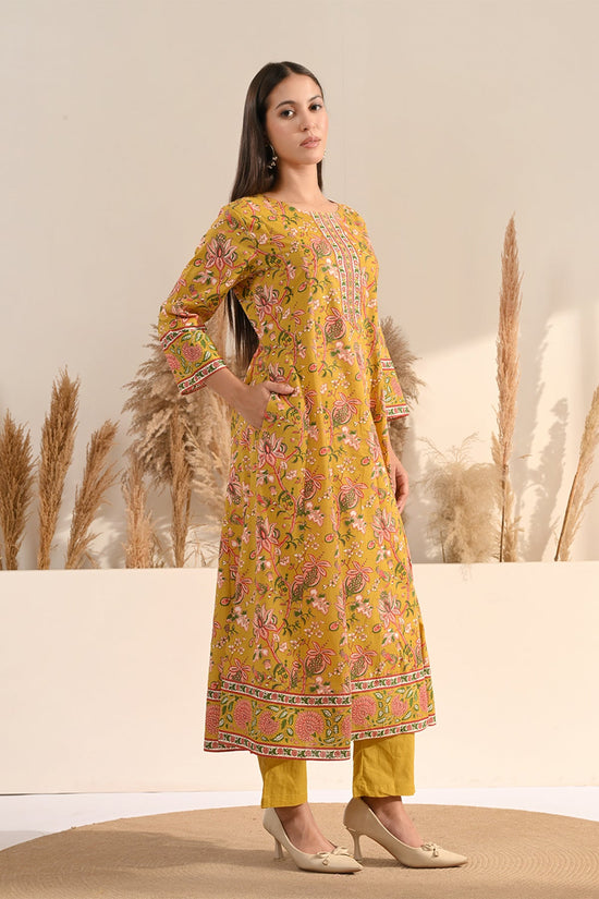 Mustard Sanganeri Floral Printed A-Line 3 Pcs Kurta Set