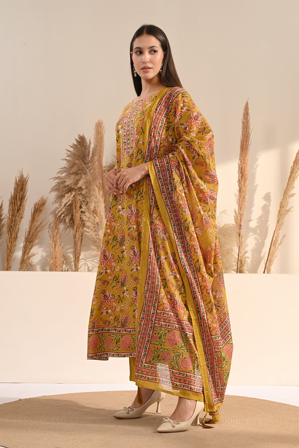 Mustard Sanganeri Floral Printed A-Line 3 Pcs Kurta Set