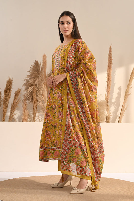 Mustard Sanganeri Floral Printed A-Line 3 Pcs Kurta Set
