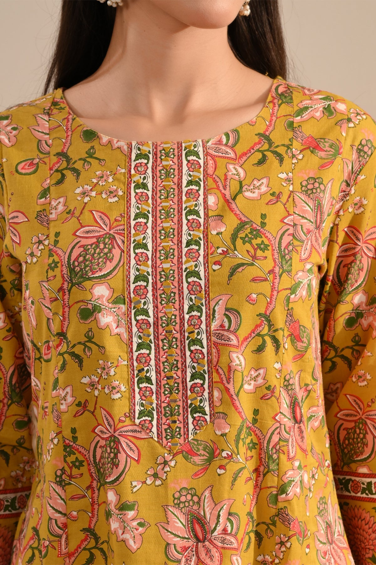 Mustard Sanganeri Floral Printed A-Line 3 Pcs Kurta Set