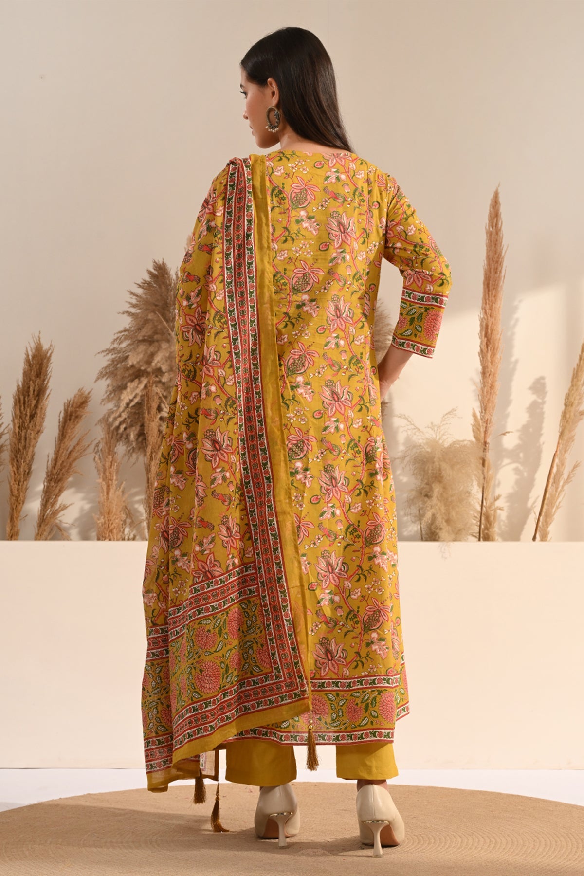 Mustard Sanganeri Floral Printed A-Line 3 Pcs Kurta Set