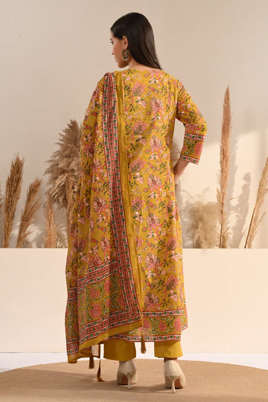 Mustard Sanganeri Floral Printed A-Line 3 Pcs Kurta Set