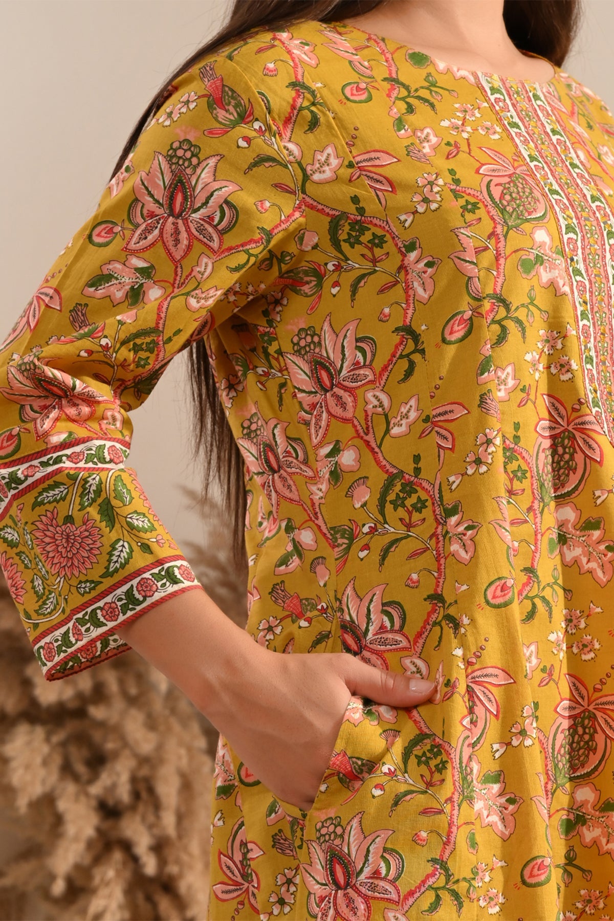 Mustard Sanganeri Floral Printed A-Line 3 Pcs Kurta Set