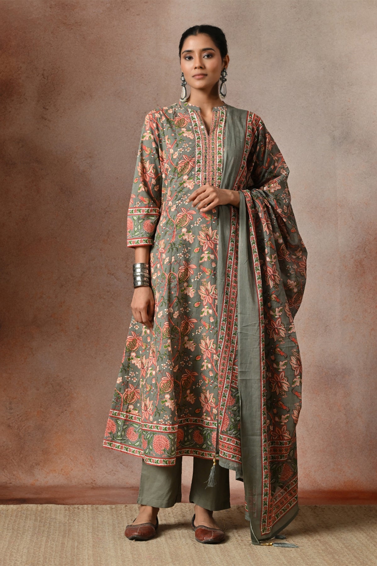 Sage Grey Floral Print A-line 3 Pcs Kurta Set