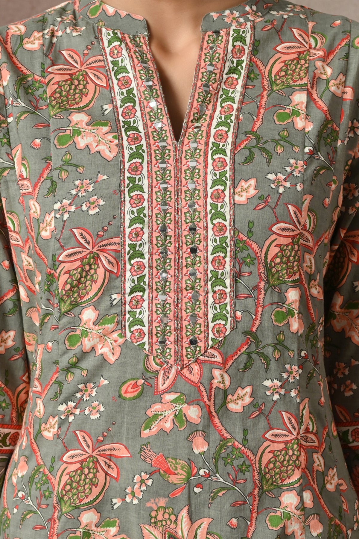 Sage Grey Floral Print A-line 3 Pcs Kurta Set