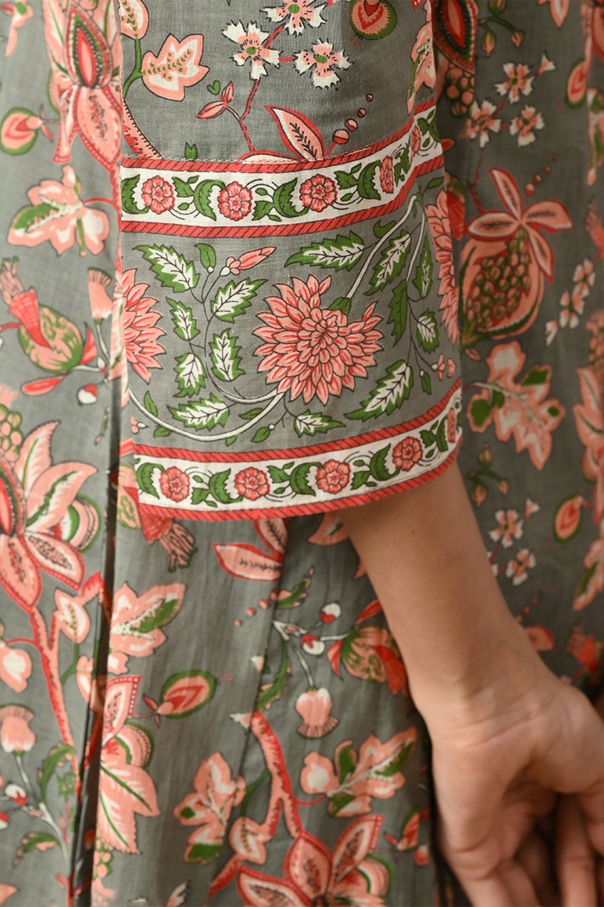 Sage Grey Floral Print A-line 3 Pcs Kurta Set