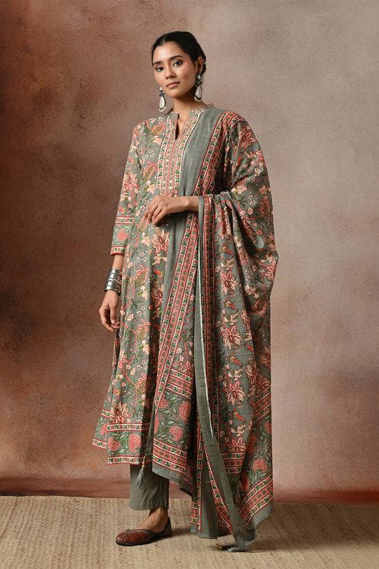 Sage Grey Floral Print A-line 3 Pcs Kurta Set