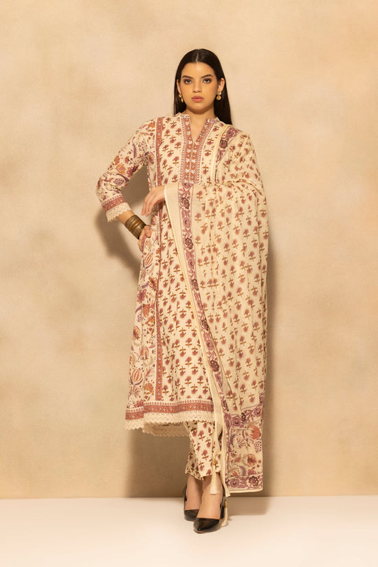 Cream Floral Printed A-line 3 Pcs Kurta Set