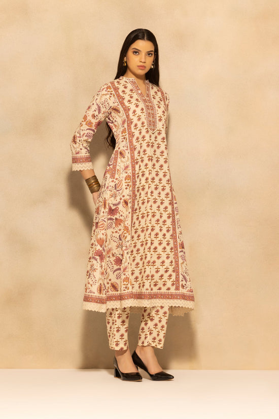 Cream Floral Printed A-line 3 Pcs Kurta Set