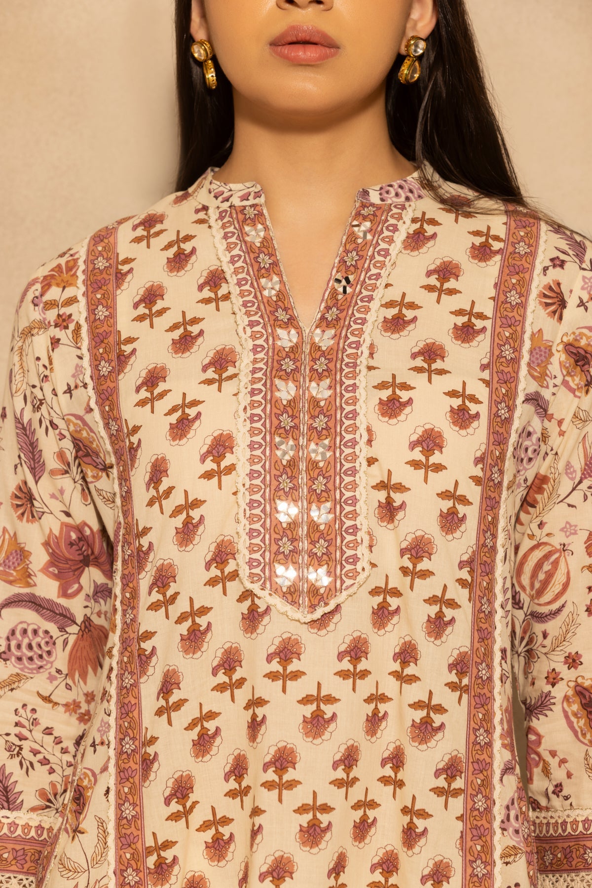 Cream Floral Printed A-line 3 Pcs Kurta Set