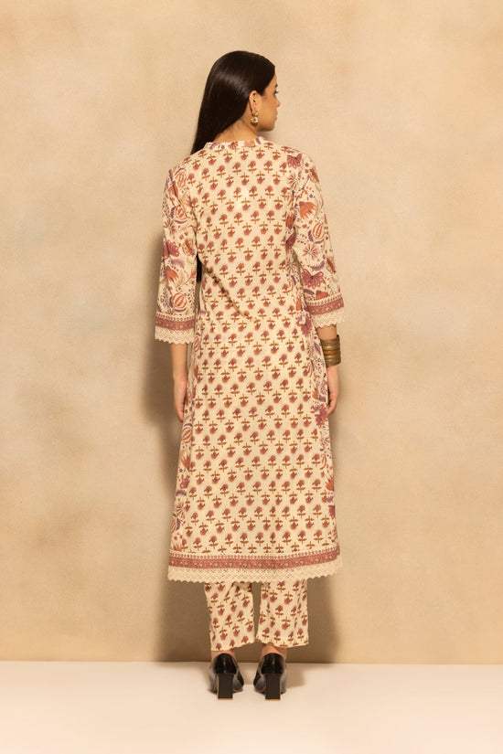 Cream Floral Printed A-line 3 Pcs Kurta Set