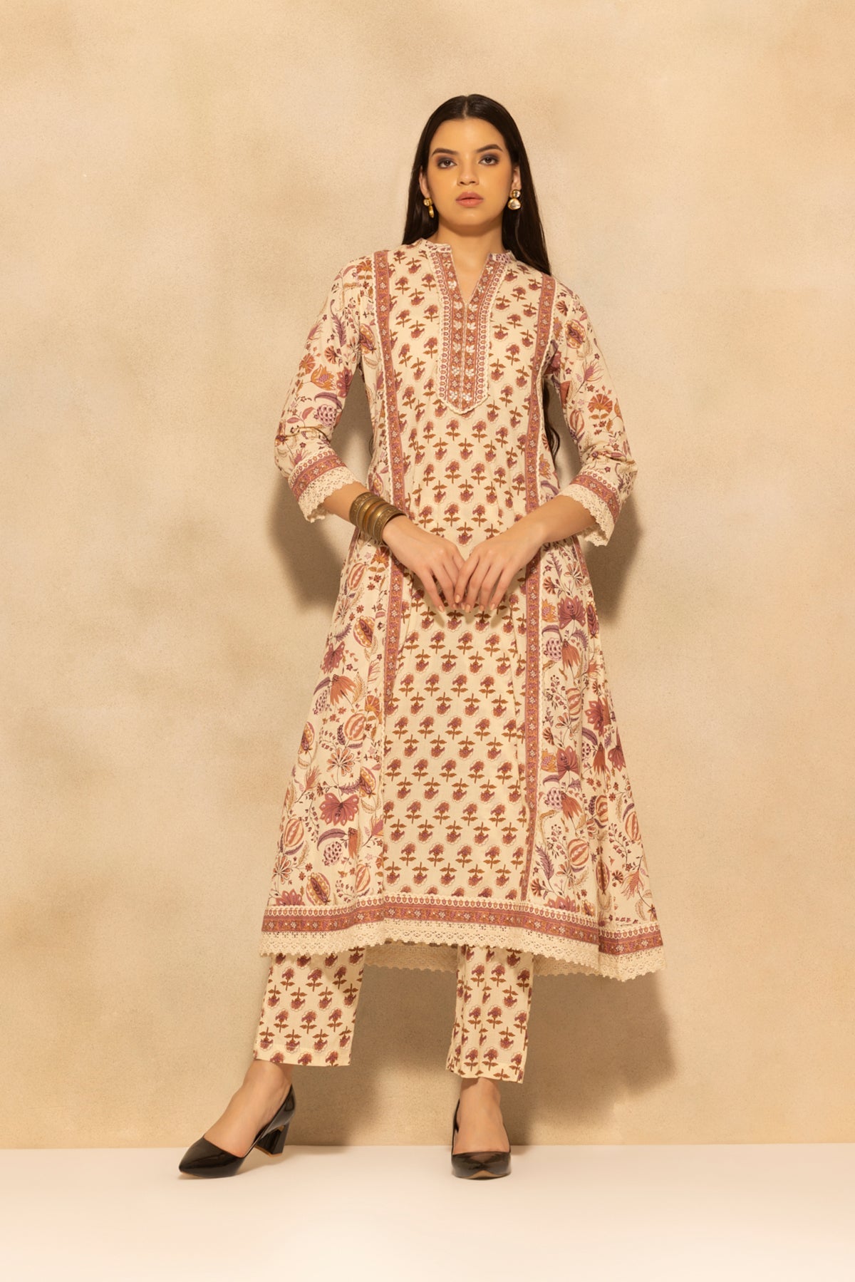 Cream Floral Printed A-line 3 Pcs Kurta Set