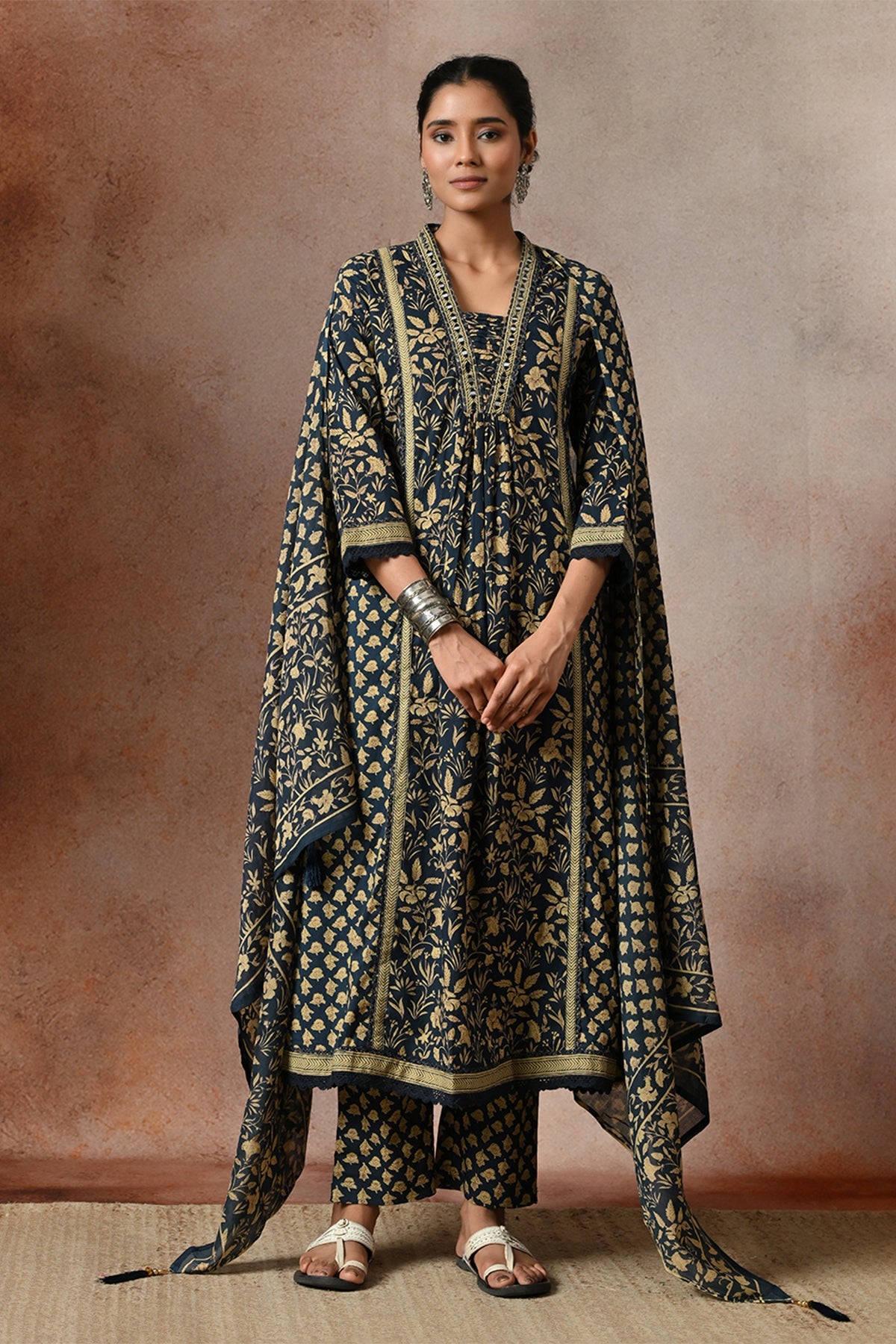 Indigo Blue Floral Block Print Anarkali 3 Pcs Kurta Set