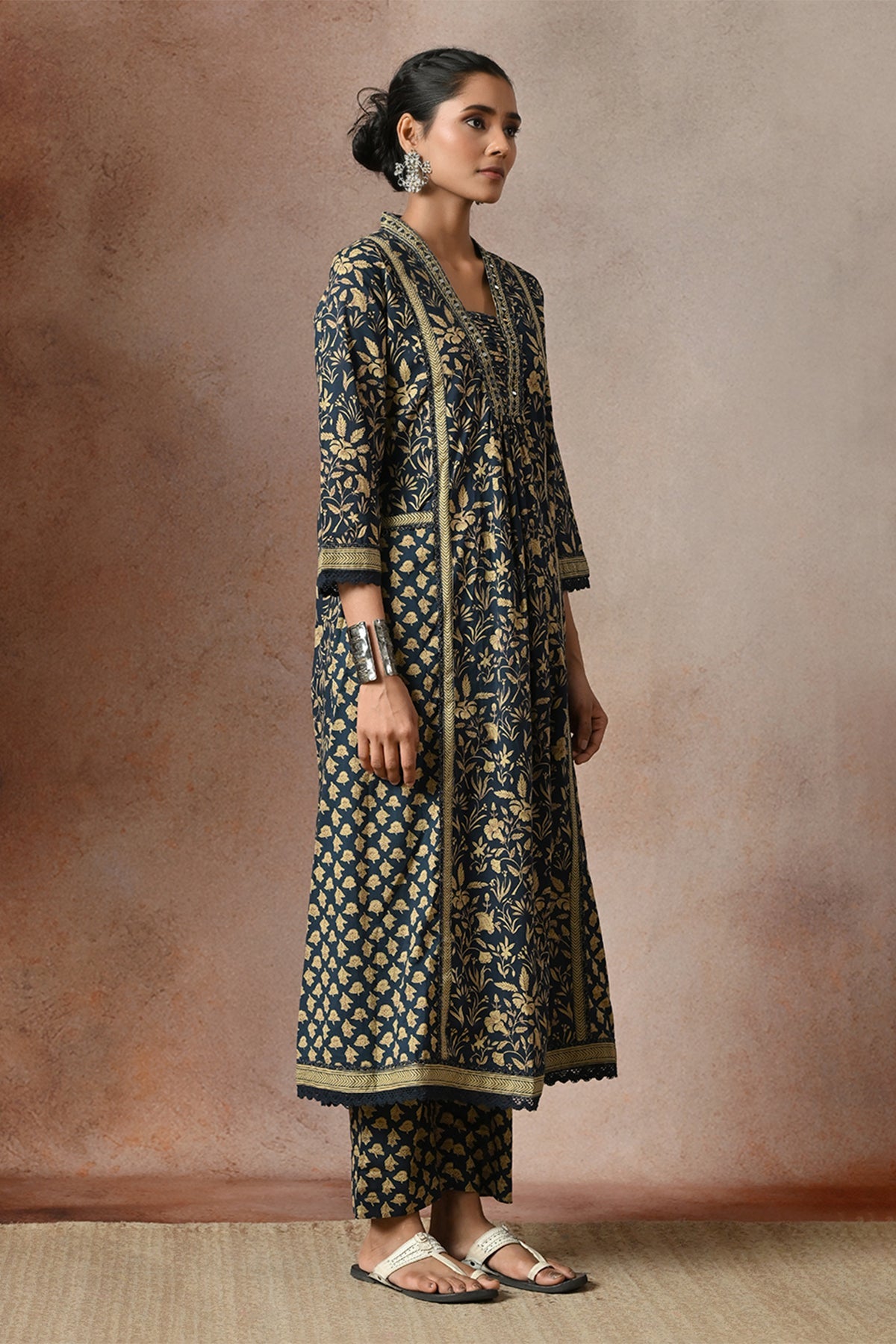 Indigo Blue Floral Block Print Anarkali 3 Pcs Kurta Set