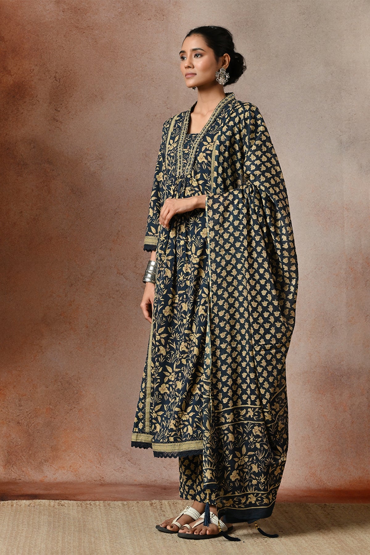 Indigo Blue Floral Block Print Anarkali 3 Pcs Kurta Set