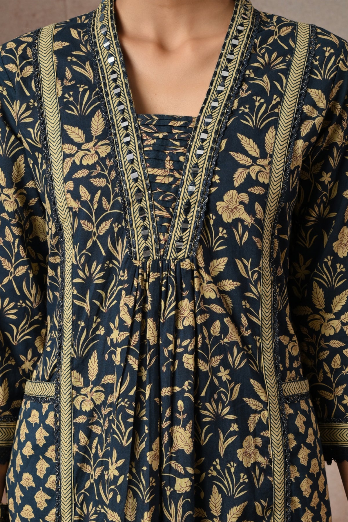 Indigo Blue Floral Block Print Anarkali 3 Pcs Kurta Set