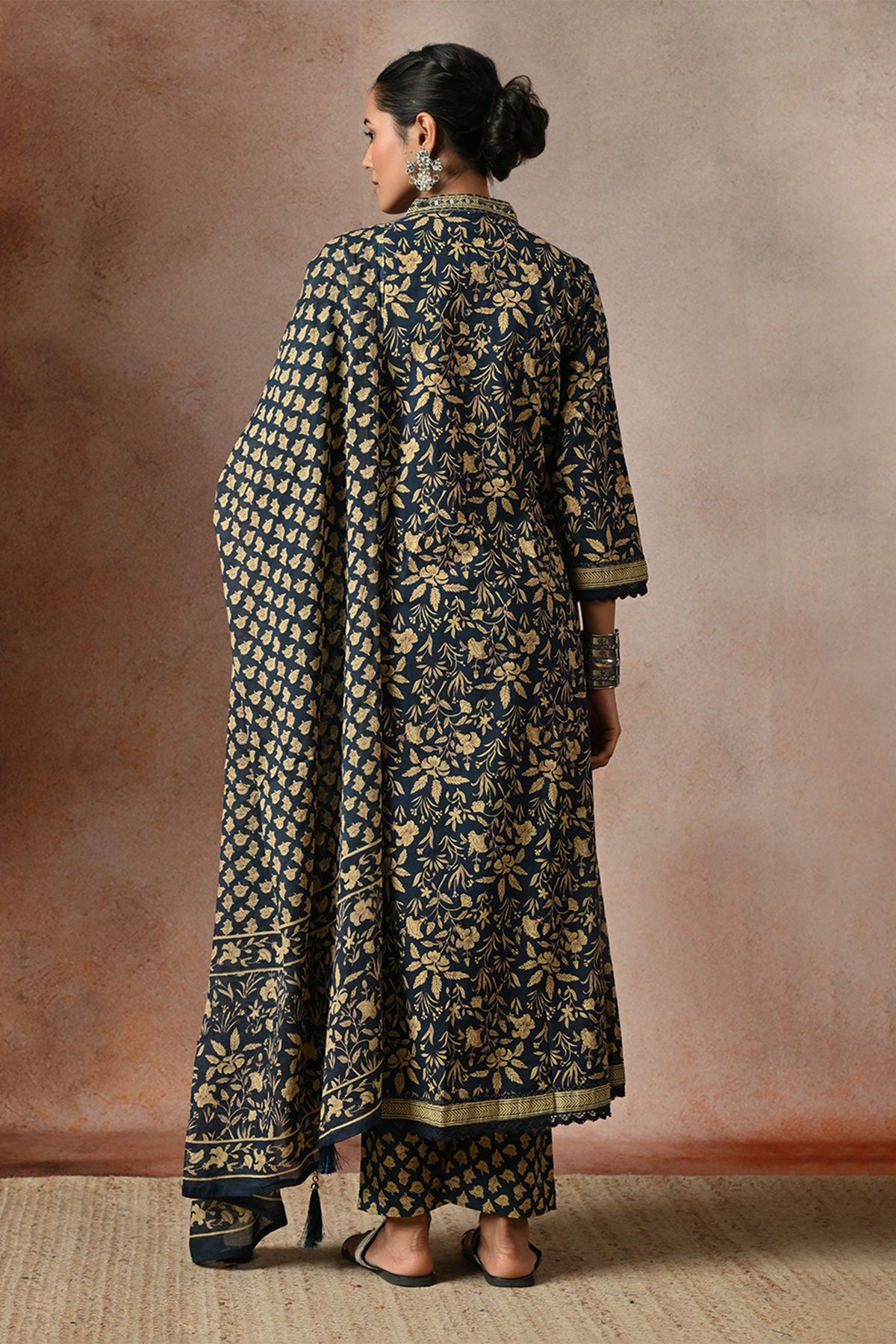 Indigo Blue Floral Block Print Anarkali 3 Pcs Kurta Set