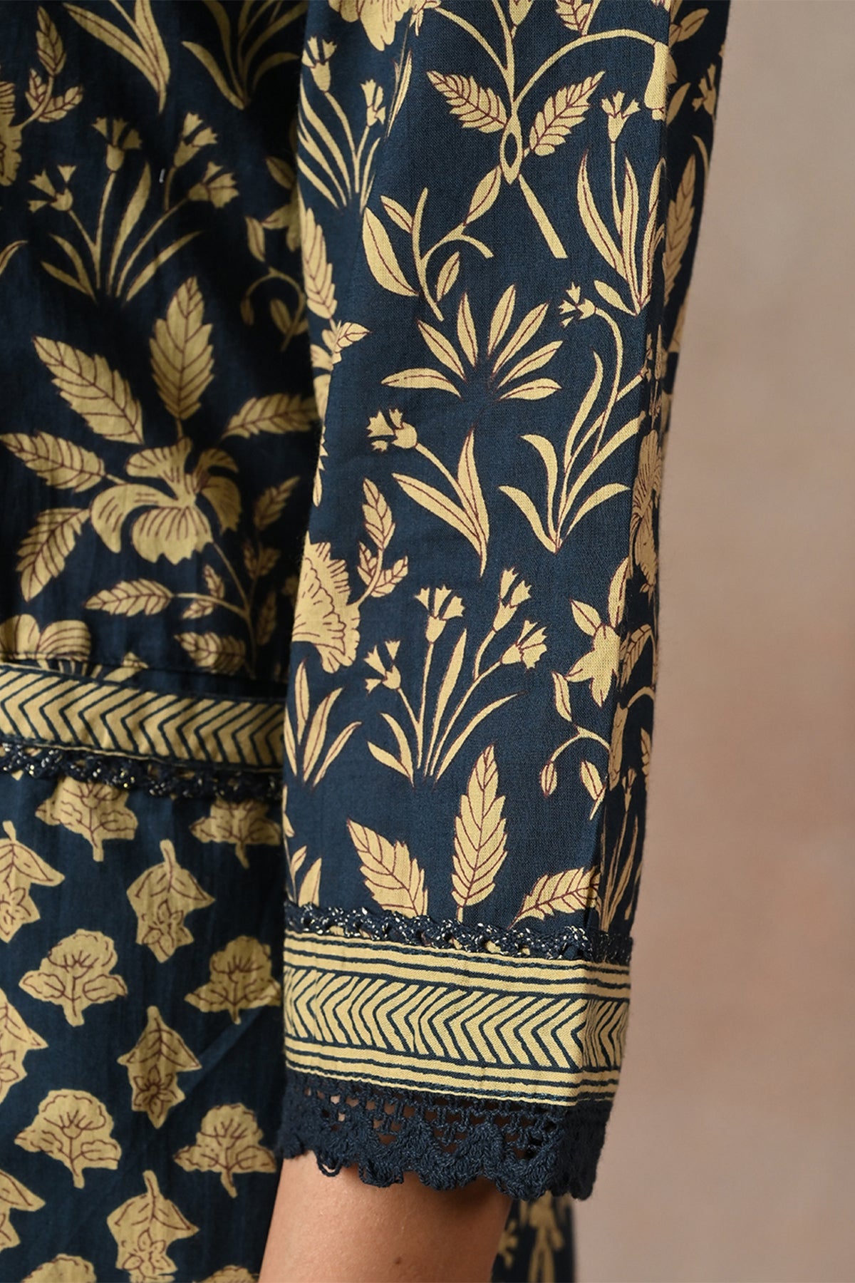 Indigo Blue Floral Block Print Anarkali 3 Pcs Kurta Set