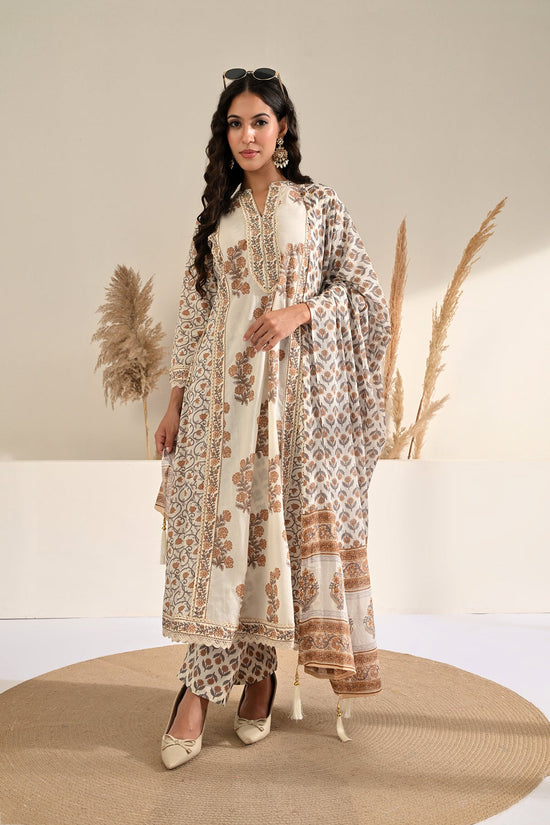 Cream Floral Printed A-line 3 Pcs Kurta Set