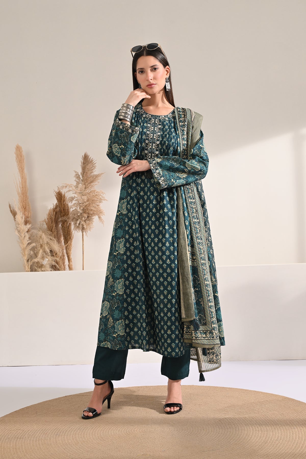 Teal Printed Flared Kurta 3 Pcs Set