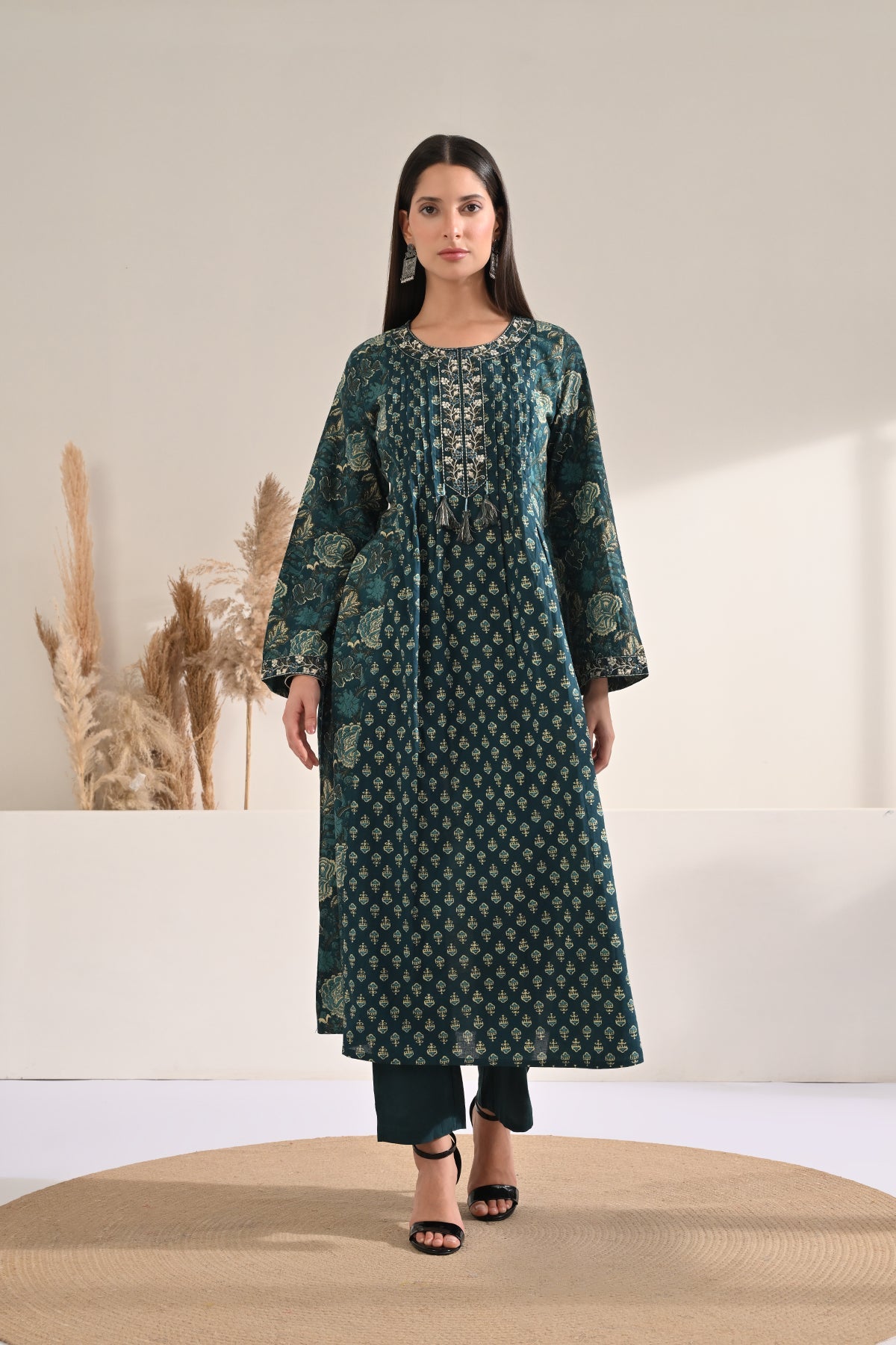 Teal Printed Flared Kurta 3 Pcs Set
