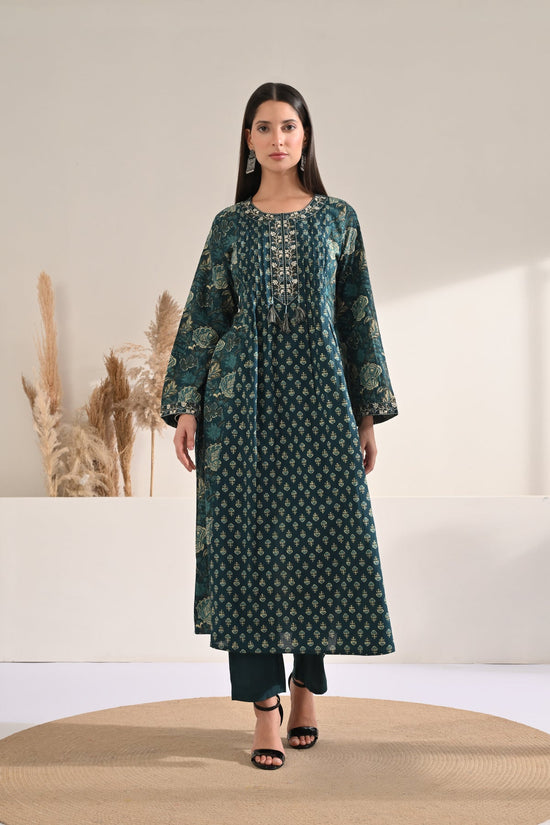 Teal Printed Flared Kurta 3 Pcs Set