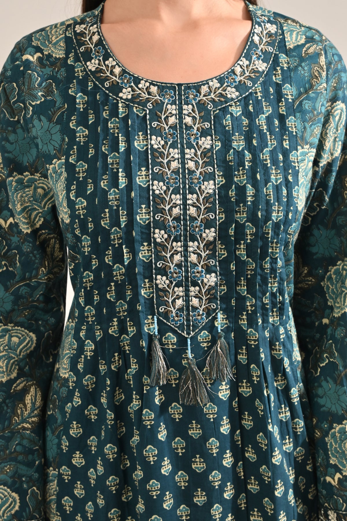 Teal Printed Flared Kurta 3 Pcs Set