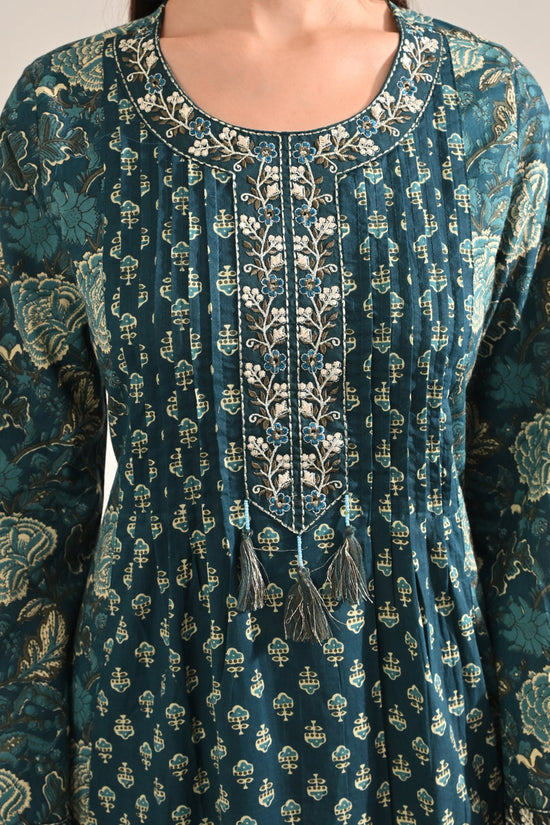Teal Printed Flared Kurta 3 Pcs Set