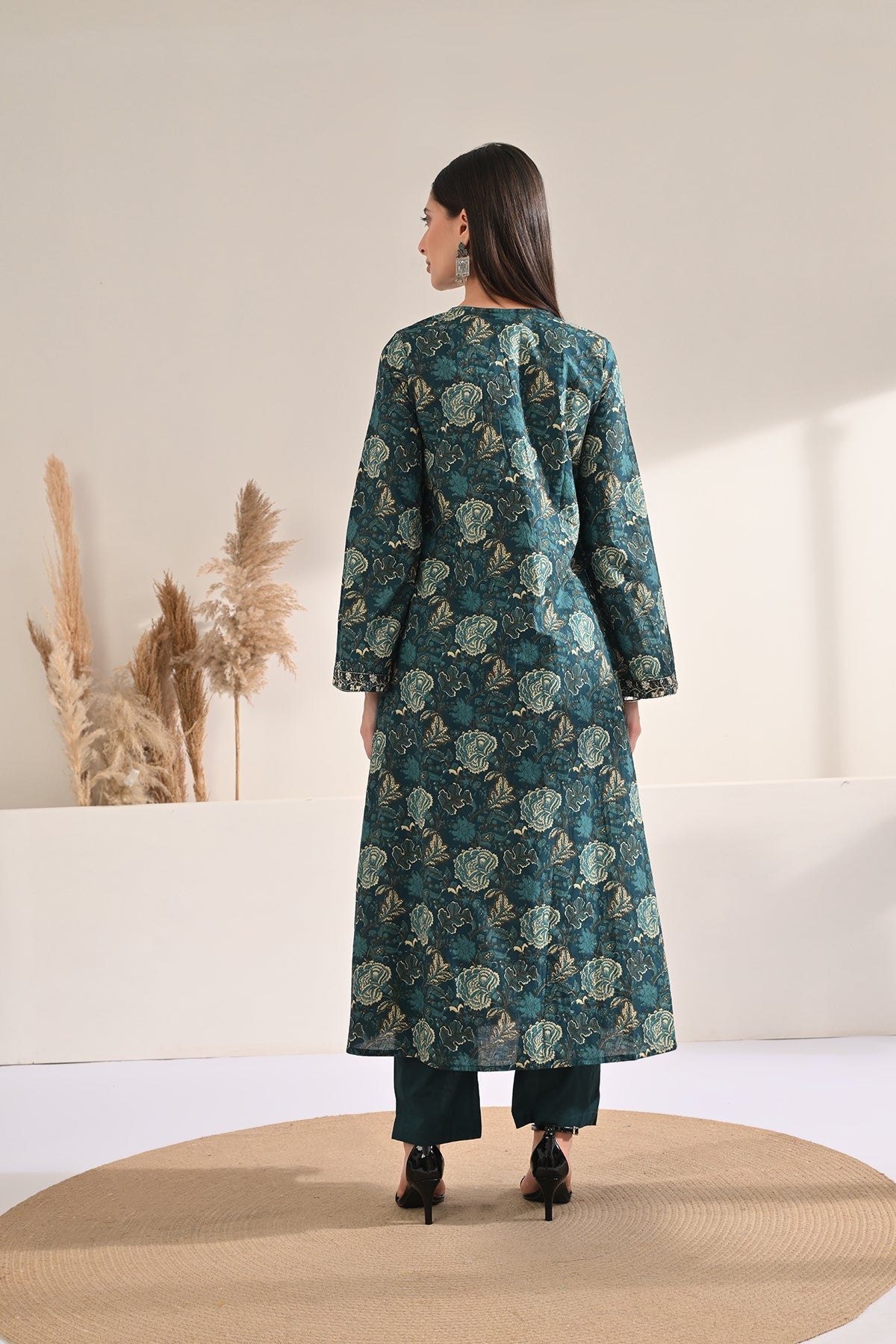 Teal Printed Flared Kurta 3 Pcs Set
