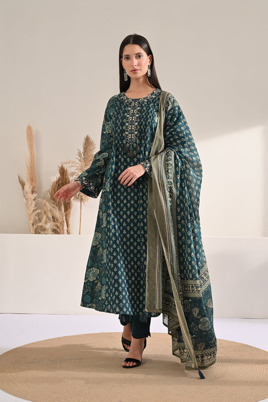 Teal Printed Flared Kurta 3 Pcs Set