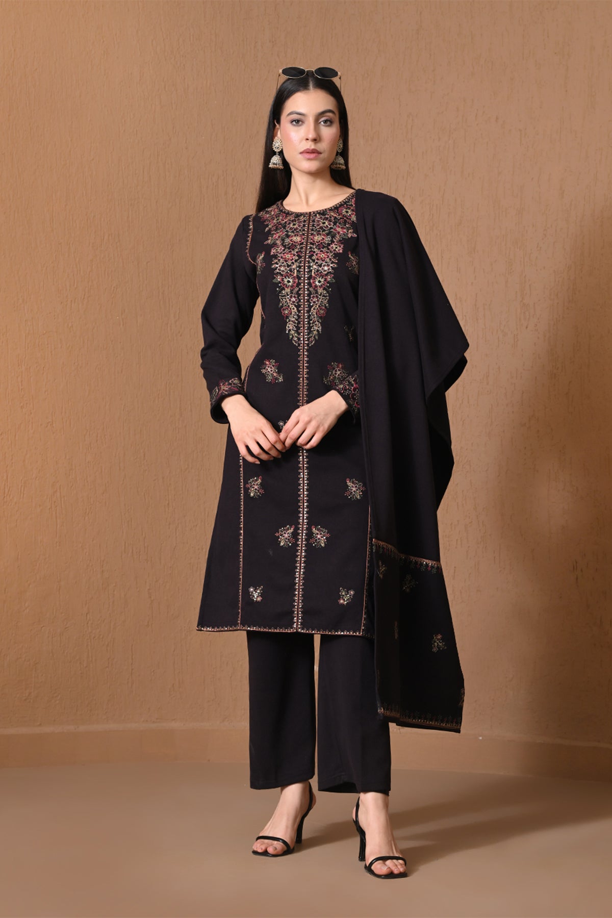 Winter Black Floral Embroidered Kurta 3 Pcs Set