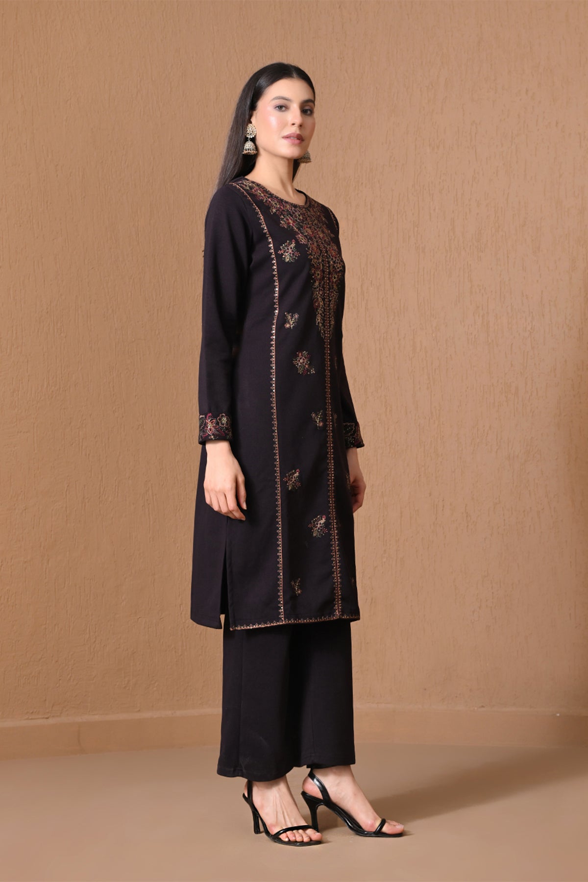 Winter Black Floral Embroidered Kurta 3 Pcs Set