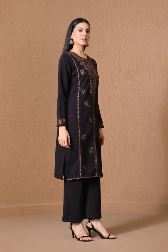 Winter Black Floral Embroidered Kurta 3 Pcs Set