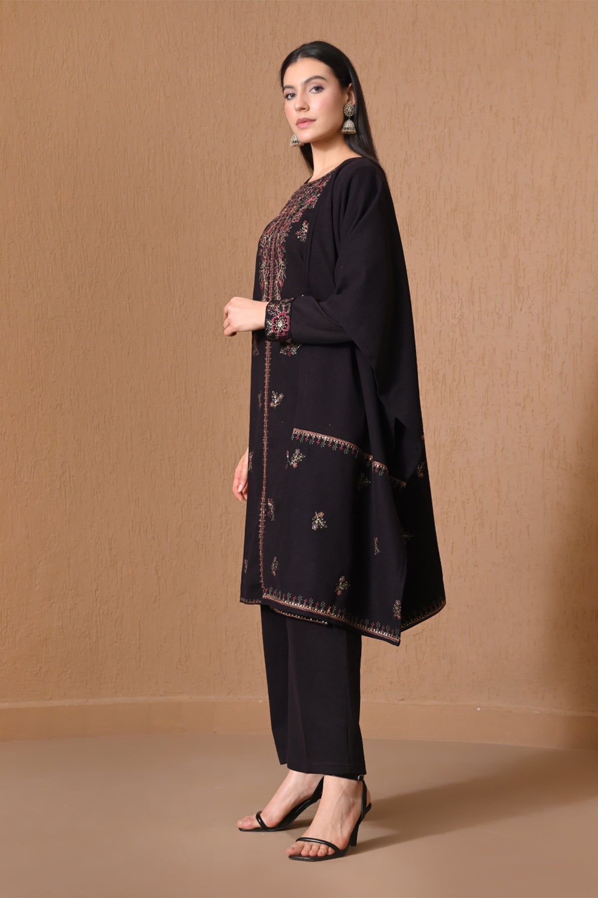 Winter Black Floral Embroidered Kurta 3 Pcs Set